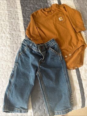 Carhartt Rust Orange Bodysuit with Blue Denim Jeans Set